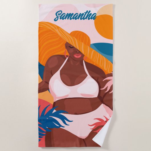 Serviette De Plage Femme Noire Courbe, Plage Prêt, Nom (Devant)