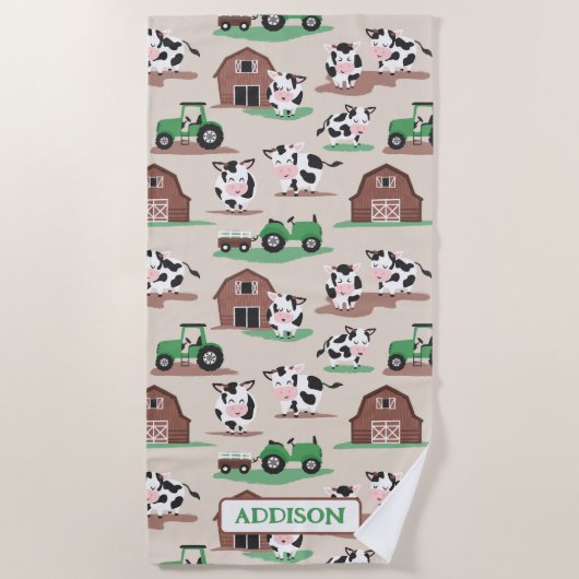Serviette De Plage Ferme de vache rustique personnalisée Tan et vert (Devant)