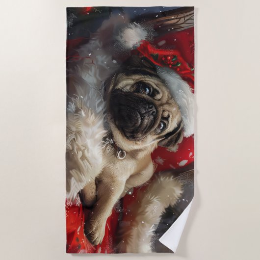 Serviette De Plage Festive de Noël de chien carlin (Devant)