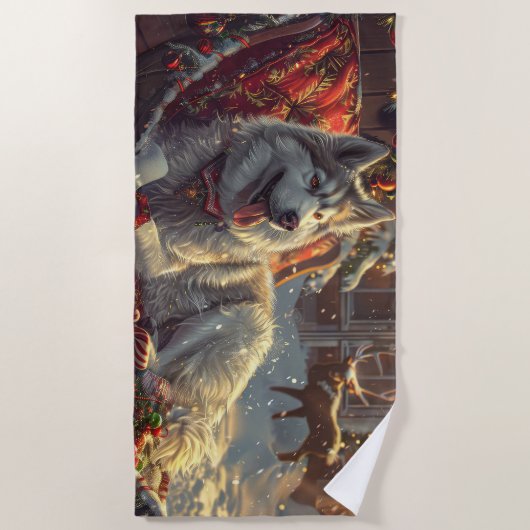 Serviette De Plage Festive de Noël de chien laphund finlandais (Devant)