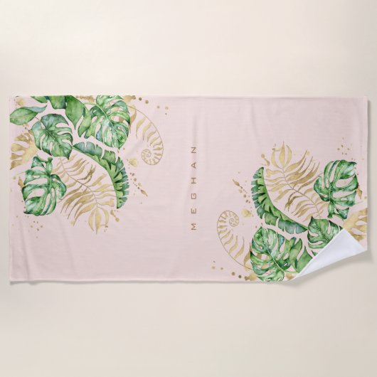 Serviette De Plage feuillage d'or tropical Monogram Beach Towel (Devant)