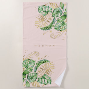Serviette De Plage feuillage d'or tropical Monogram Beach Towel