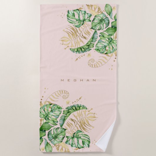 Serviette De Plage feuillage d'or tropical Monogram Beach Towel (Devant)