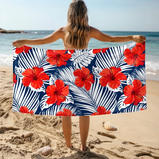 Serviette De Plage Feuillage tropical Hibiscus floral rouge