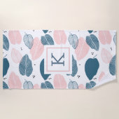 Serviette De Plage Feuille tropical bleu et blanc rose motif (Devant)