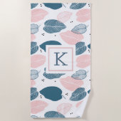 Serviette De Plage Feuille tropical bleu et blanc rose motif (Devant)