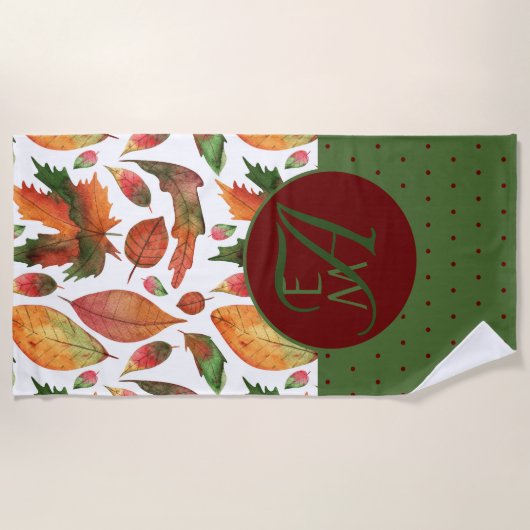 Serviette De Plage Feuilles d'automne monogrammes Automne Rouge Vert  (Devant)