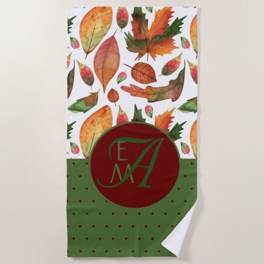 Serviette De Plage Feuilles d'automne monogrammes Automne Rouge Vert  (Devant)
