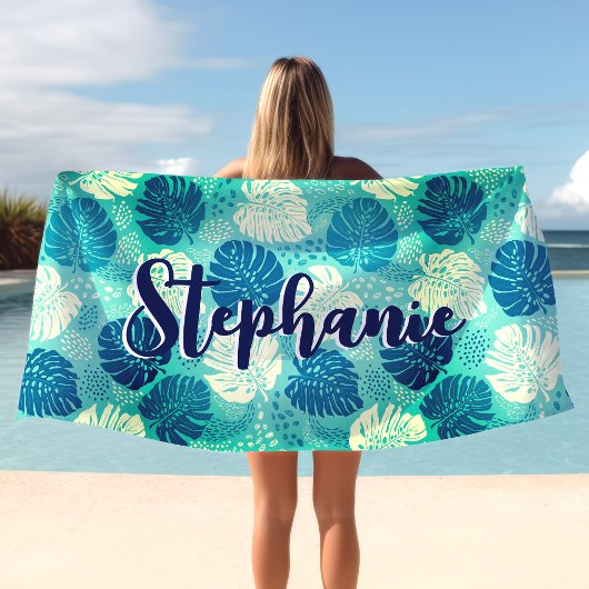 Serviette De Plage Feuilles de Monstera Aquarelle Tropicale Bleu Nuit