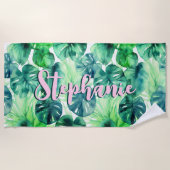 Serviette De Plage Feuilles de Monstera Aquarelle Tropicale Nom Rose (Devant)