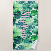 Serviette De Plage Feuilles de Monstera Aquarelle Tropicale Nom Rose (Devant)