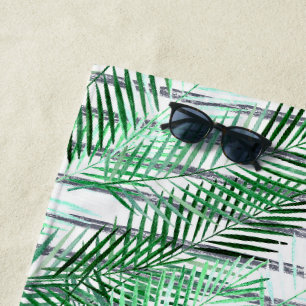 Serviette De Plage Feuilles de palme sur fond rayé noir et blanc