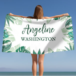 Serviette De Plage Feuilles de palmier à aquarelle tropicale nom pers
