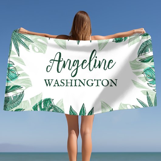 Serviette De Plage Feuilles de palmier à aquarelle tropicale Nom pers