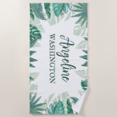 Serviette De Plage Feuilles de palmier aquarelle tropicale Nom person (Devant)