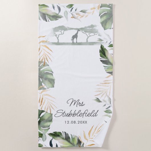Serviette De Plage Feuilles de palmier Safari Nouveaux Mariés Script (Devant)