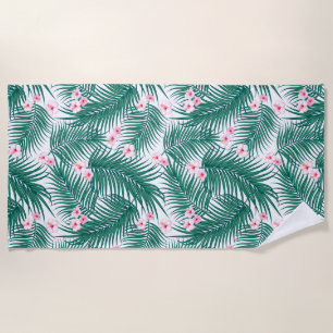 Serviette De Plage Feuilles de palmiers tropicaux verts avec fleurs d