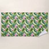 Serviette De Plage Feuilles et Flamants roses tropicaux (Devant)