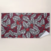 Serviette De Plage Feuilles gris sur rouge foncé (Devant)