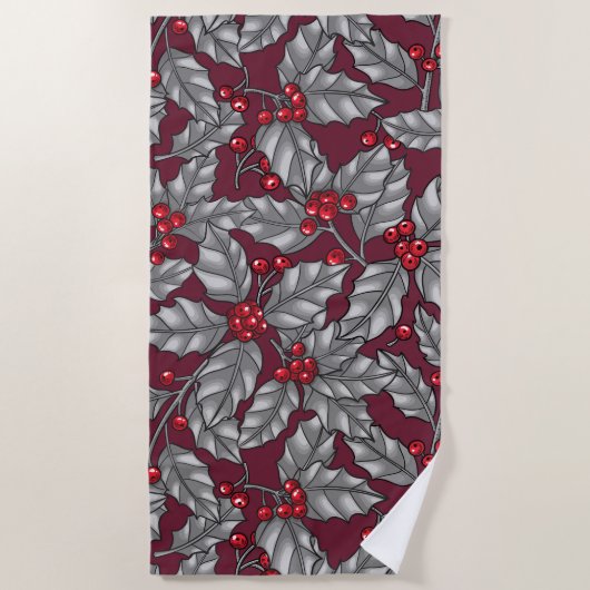 Serviette De Plage Feuilles gris sur rouge foncé (Devant)