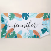 Serviette De Plage Feuilles tropicaux brillants Nom personnalisé (Devant)