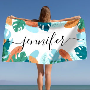 Serviette De Plage Feuilles tropicaux brillants Nom personnalisé
