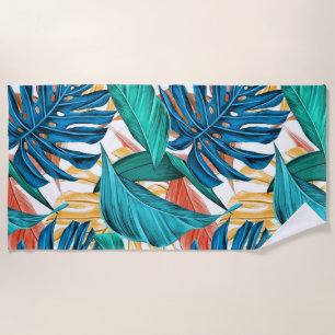 Serviette De Plage Feuilles tropicaux colorés, design motif exotique,