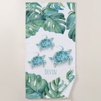 Feuilles tropicaux de tortue de mer et de palmiers
