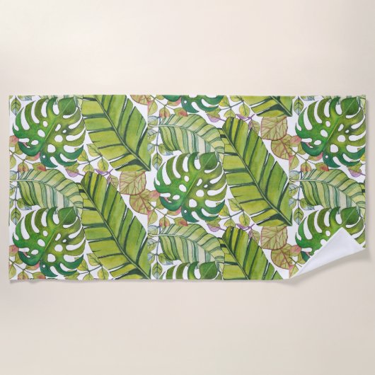 Serviette De Plage Feuilles Tropicaux En Aquarelle (Devant)