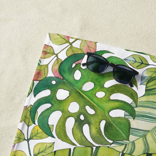 Serviette De Plage Feuilles Tropicaux En Aquarelle (En situation)