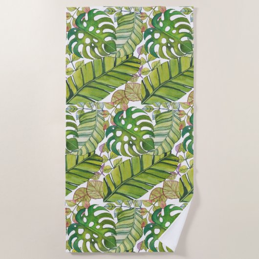 Serviette De Plage Feuilles Tropicaux En Aquarelle (Devant)