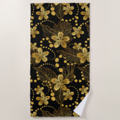 Serviette De Plage feuilles tropicaux & fleurs motif en or sur noir (Devant)