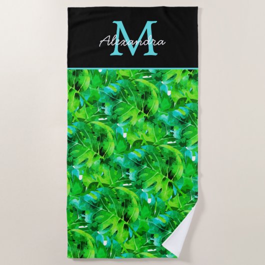 Serviette De Plage Feuilles tropicaux modernes Vert Turquoise Bleu no (Devant)