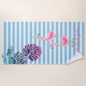 Serviette De Plage Feuilles tropicaux, Rayé, Flamants roses roses (Devant)