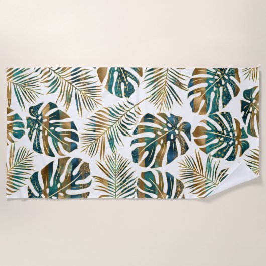 Serviette De Plage feuilles tropicaux turquoises et dorés (Devant)
