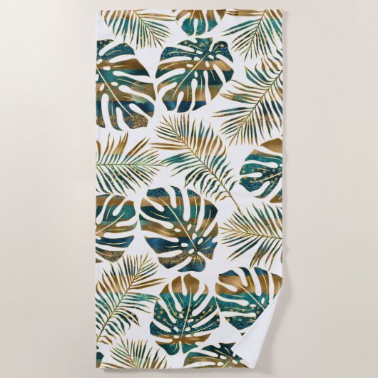 Serviette De Plage feuilles tropicaux turquoises et dorés (Devant)