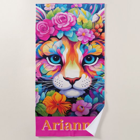 Serviette De Plage Fierce Elegance : Personnalisable Art Floral Tiger (Devant)