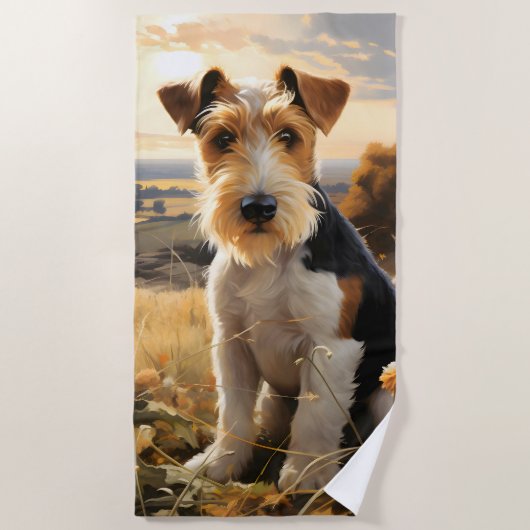 Serviette De Plage Fil Cheveux Fox Terrier En Automne Campagne (Devant)