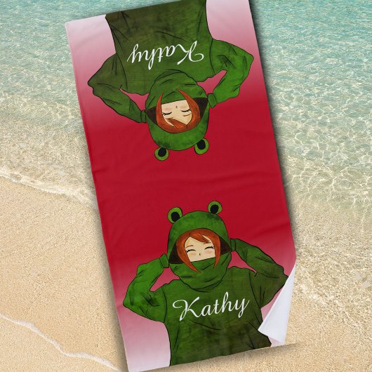 Serviette De Plage Fille avec grenouille verte Hoody Dessin Nom perso