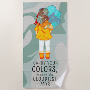 Serviette De Plage Fille avec parapluie dans le vent Citation positiv