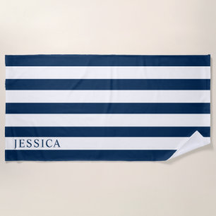 Serviette De Plage Fille Marine Bleu Blancs Cabana Strip Personnalisé