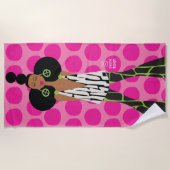 Serviette De Plage Fille noire en rose, noir, vert et blanc (Devant)