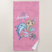 Serviette De Plage Fille personnalisée de sirène rose mignonne (Devant)