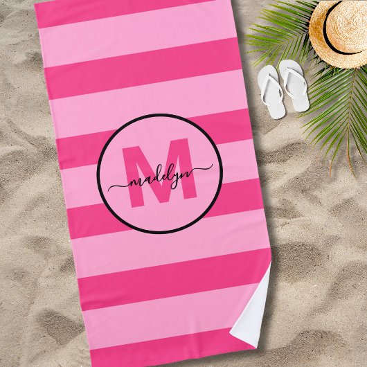 Serviette De Plage Fille Pink Stripe Nom du script Monogramme