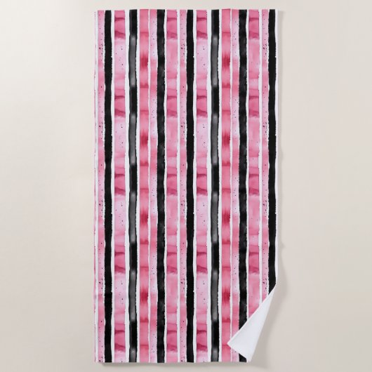 Serviette De Plage Fille rose blanc rayures noires (Devant)