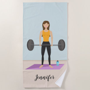 Serviette De Plage Fille soulevant une barre et nom personnalisé Fitn