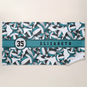 Serviette De Plage Fille turquoise noir volleyballs motif personnalis
