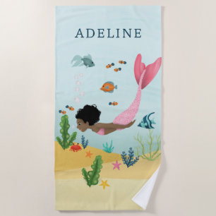 Serviette De Plage Filles mignonnes et magiques roses Afro Mermaid En
