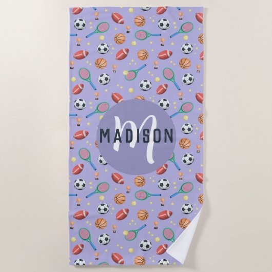 Serviette De Plage Filles mignonnes Violet Sports Monogrammes Enfants (Devant)