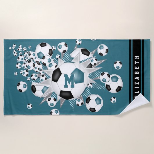 Serviette De Plage filles nom balle de football étoiles turquoise noi (Devant)